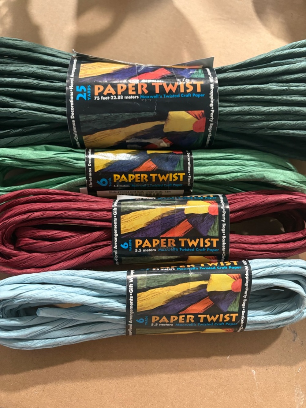 Paper Twist Twisted Craft Paper Rolls - - Green, Dark Green, Red, Light Blue